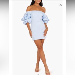 Petal & Pup Fern Off The Shoulder Puff Sleeve Mini Dress in Icy Blue